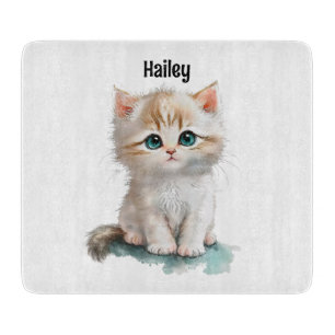 Watercolor Adorable Kitten with Blue Eyes Cutting Board