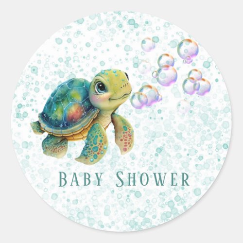 Watercolor Adorable Turtle Bubbles Baby Shower Classic Round Sticker