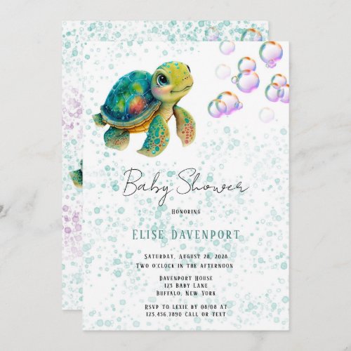 Watercolor Adorable Turtle Bubbles Baby Shower Invitation