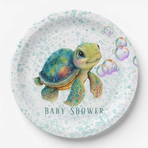 Watercolor Adorable Turtle Bubbles Baby Shower Paper Plates