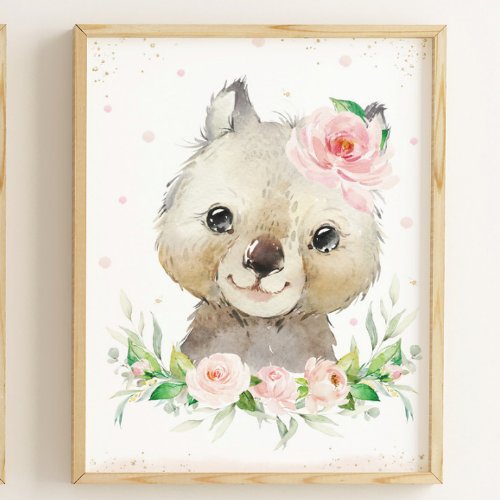 Watercolor Adorable Wombat Blush Pink Floral Wall  Poster