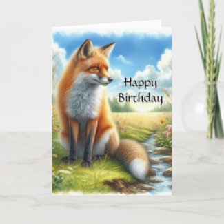 Watercolor Adult Red Fox by Stream  Birthday  Card