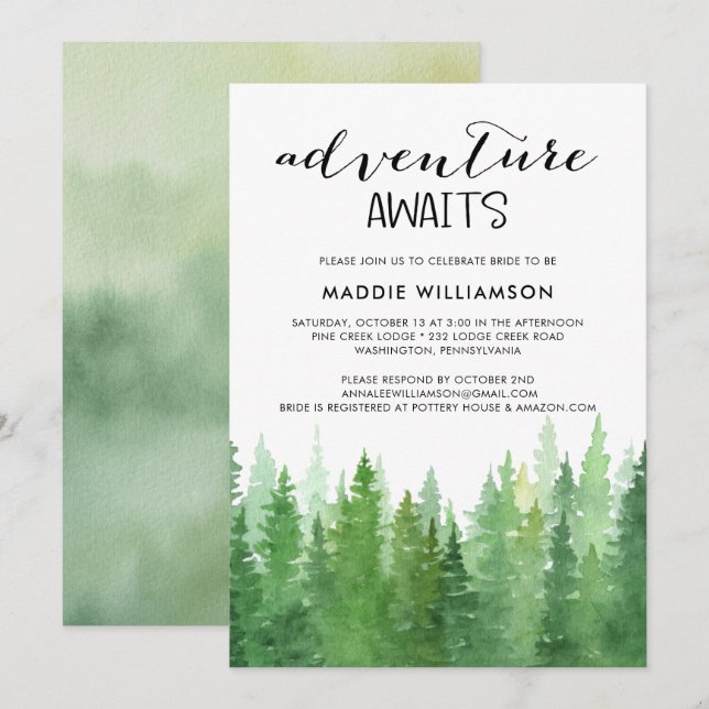 Watercolor Adventure Awaits Forest Bridal Shower  Invitation (Front/Back)