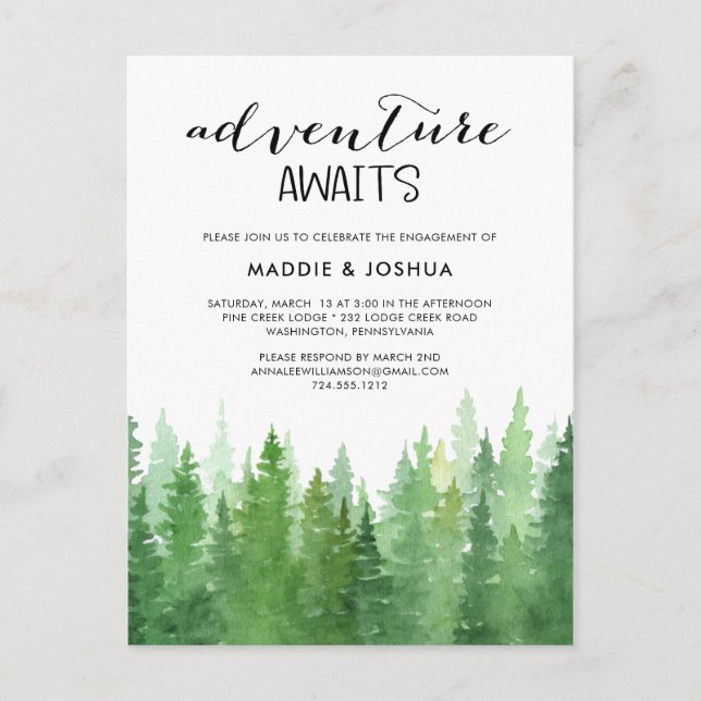 Watercolor Adventure Awaits Forest Engagement  Inv Postcard (Front)
