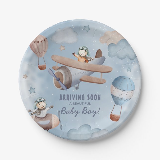 Watercolor Aeroplane Aviation Boy Baby Shower Paper Plates (Front)