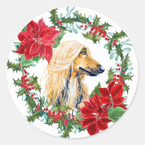 Watercolor Afghan Hound Poinsettia Holiday Wreath Classic Round Sticker