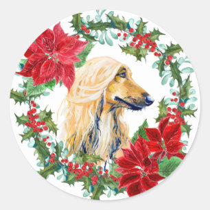 Watercolor Afghan Hound Poinsettia Holiday Wreath Classic Round Sticker