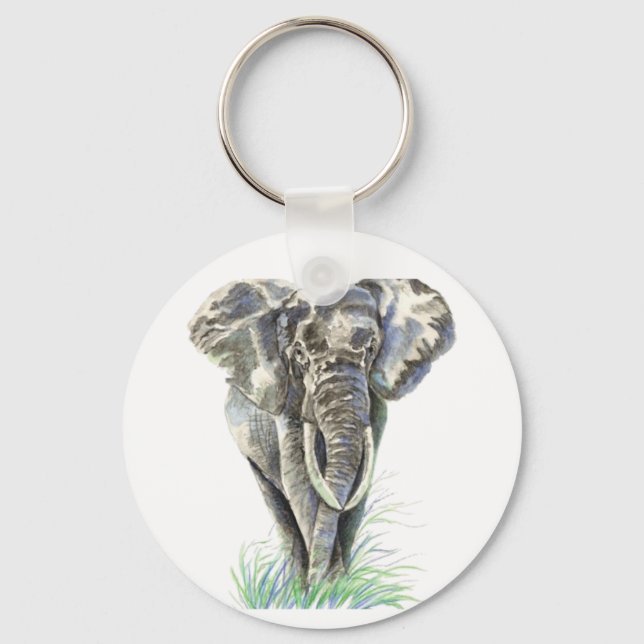 Watercolor African Elephant Animal Nature Art Keychain (Front)