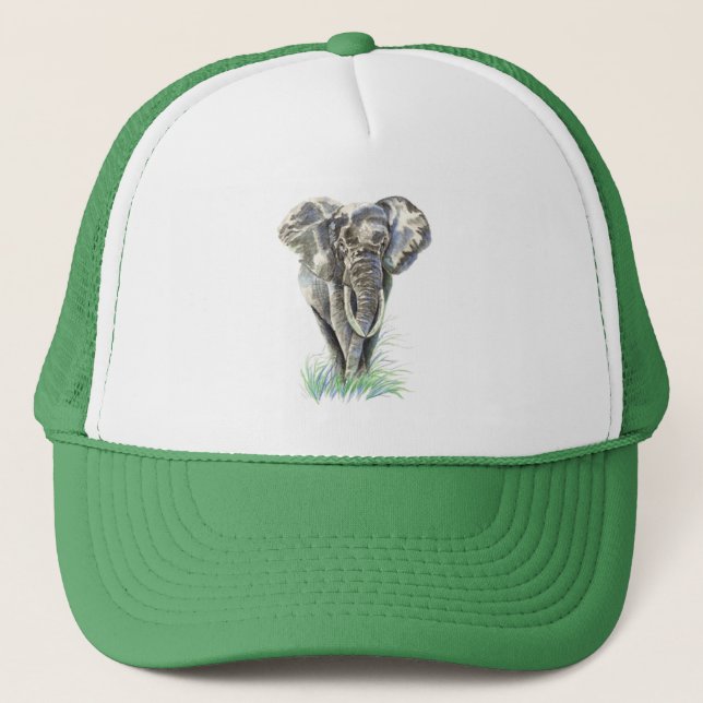 Watercolor African Elephant Wildlife Animal Nature Trucker Hat (Front)