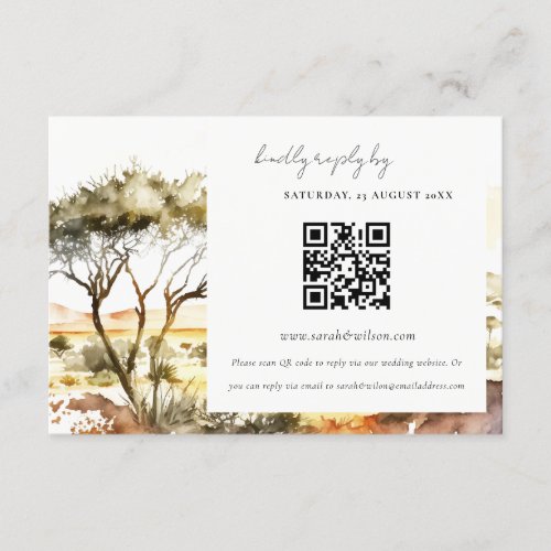 Watercolor African Landscape Wedding RSVP QR Code Enclosure Card