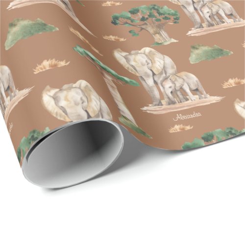 Watercolor African Mommy and Baby Elephant Pattern Wrapping Paper