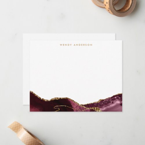 Watercolor Agate Burgundy Red Gold Glitter Marble Note Card
