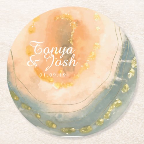 Watercolor Agate Coral Geodes Wedding Round Paper Coaster