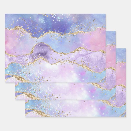 Watercolor Agate Gold Glitter Pink Purple Blue  Wrapping Paper Sheets