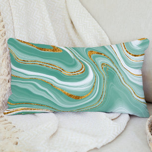 Watercolor Agate Mint Green Gold Faux Glitter Lumbar Pillow
