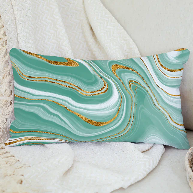 Watercolor Agate Mint Green Gold Faux Glitter Lumbar Pillow Zazzle
