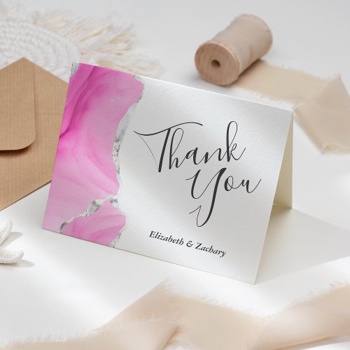 Watercolor Agate Pink Silver Wedding Thank You Card