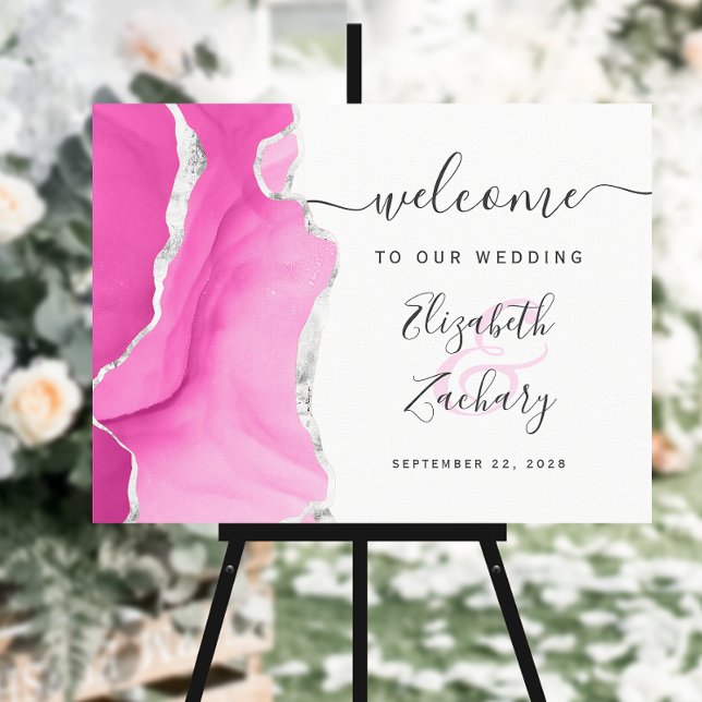 Watercolor Agate Pink Silver Wedding Welcome Foam Board (Creator Uploaded)
