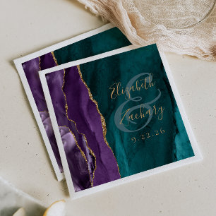 Watercolor Agate Script Purple Gold Teal Wedding Napkins