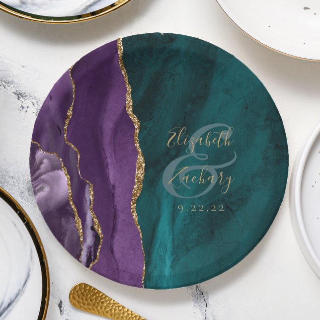 Watercolor Agate Script Purple Gold Teal Wedding Paper Plates (Creator Uploaded)