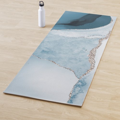 Watercolor Agate Slate Blue Faux Silver Veins Yoga Mat