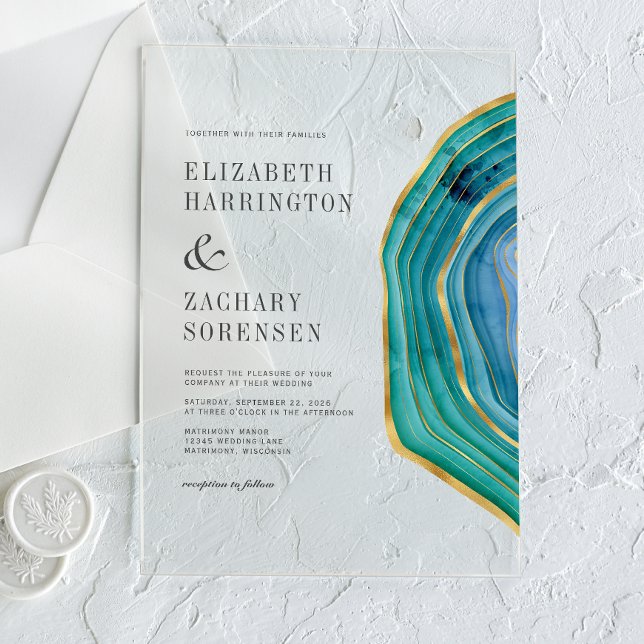 Watercolor Agate Teal Gold Wedding Acrylic Invitations (Creator Uploaded)