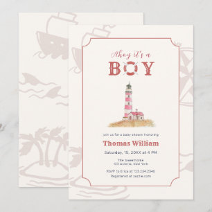 Watercolor Ahoy Nautical Lighthouse Baby Shower Invitation