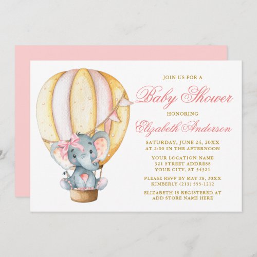 Watercolor Air Balloon Baby Shower Elephant Bow Invitation