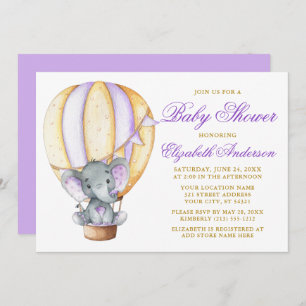 Watercolor Air Balloon Elephant Baby Shower Purple Invitation