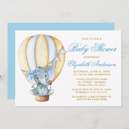 Watercolor Air Balloon Elephant Bow Baby Shower Invitation