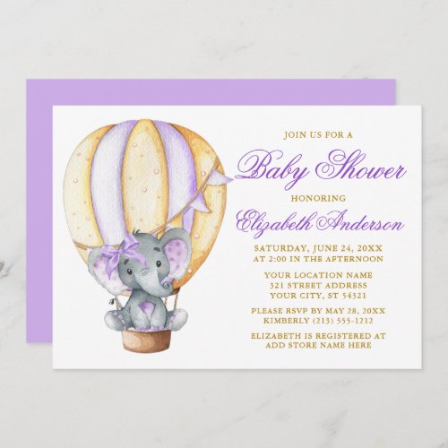 Watercolor Air Balloon Elephant Purple Baby Shower Invitation