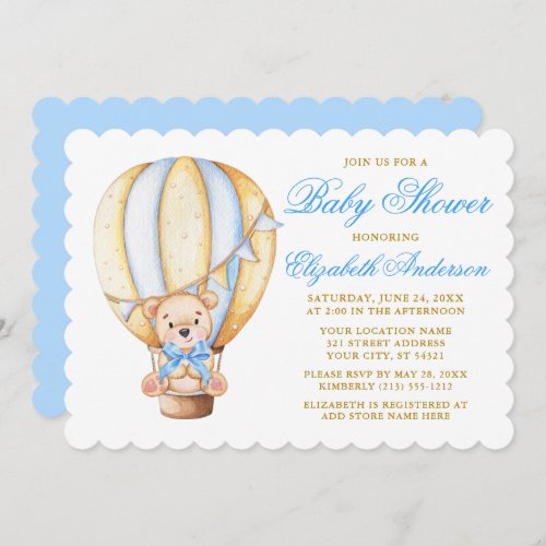 Watercolor Air Balloon Teddy Bear Blue Baby Shower Invitation