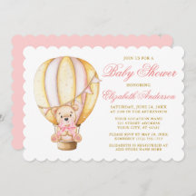 Watercolor Air Balloon Teddy Bear Pink Baby Shower