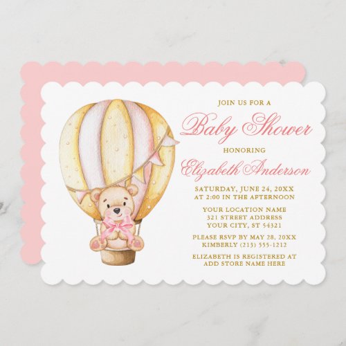 Watercolor Air Balloon Teddy Bear Pink Baby Shower Invitation