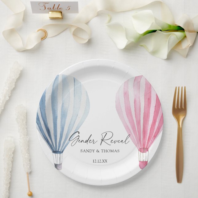 Watercolor Air Balloons Gender Reveal Paper Plates (Wedding)