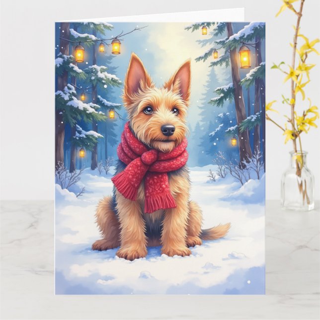 Watercolor Airedale Terrier Snowy Christmas Card (Yellow Flower)
