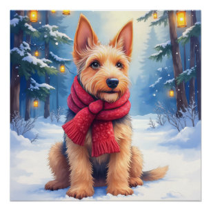 Watercolor Airedale Terrier Snowy Christmas Poster