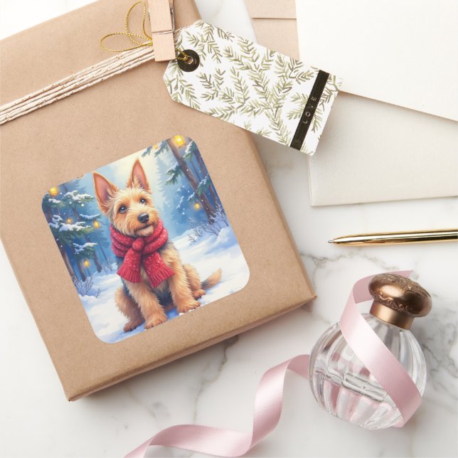 Watercolor Airedale Terrier Snowy Christmas Square Sticker (Gifting)