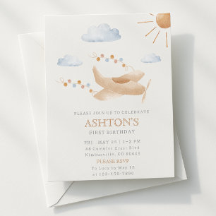 Watercolor Airplane 1st Birthday Invitation
