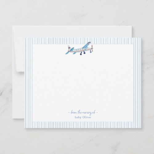 Watercolor Airplane Baby Boy blue and white border Thank You Card