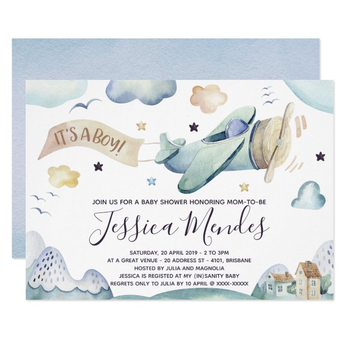 Watercolor Airplane Baby Boy Shower Invitation Zazzle Com