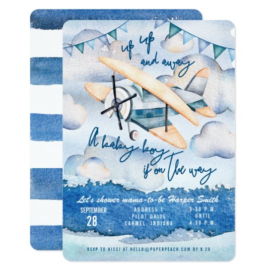 Watercolor Airplane Baby Boy Shower Invitation Zazzle.com