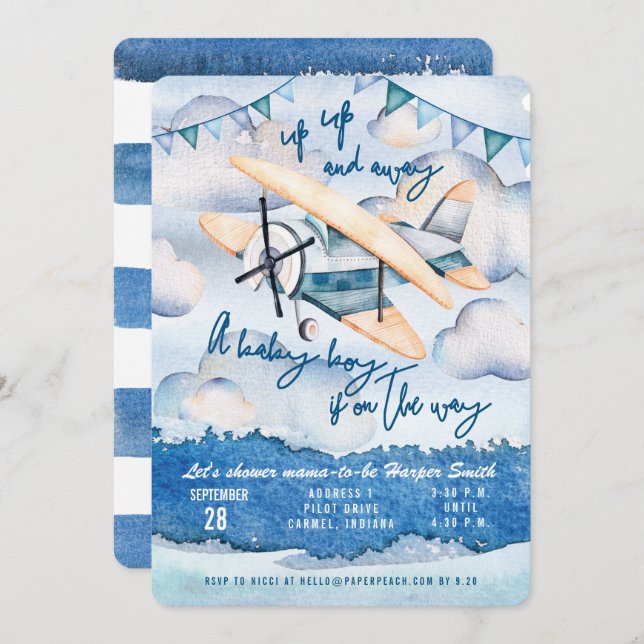 Watercolor Airplane Baby Boy Shower Invitation (Front/Back)