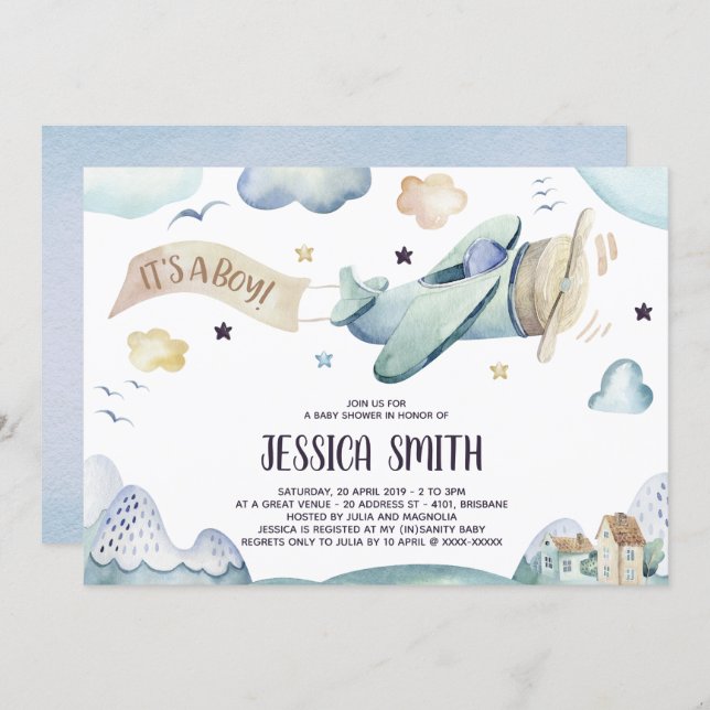 Watercolor Airplane Baby Boy Shower Invitation (Front/Back)