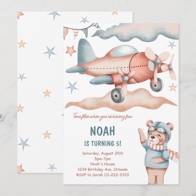 Watercolor Airplane Bear Birthday Invitation (Front/Back)