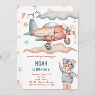 Watercolor Airplane Bear Birthday Invitation