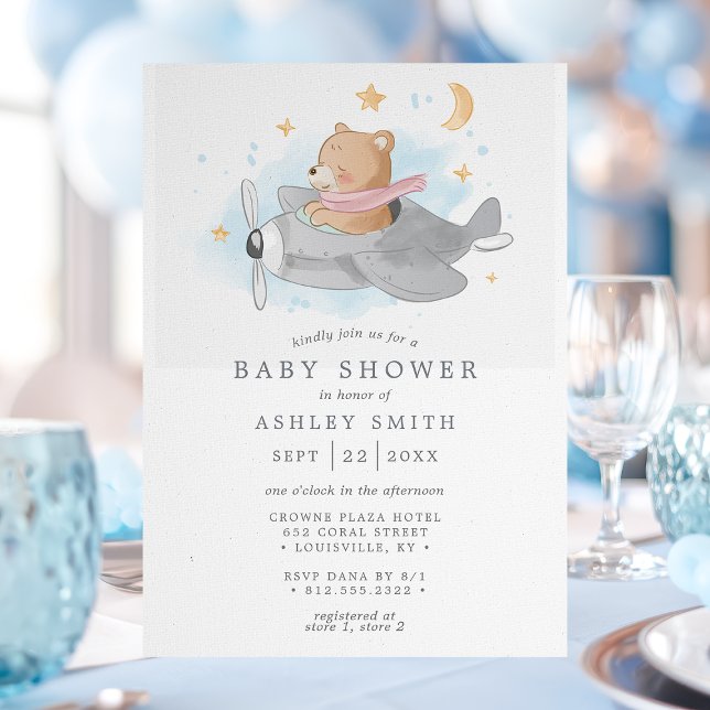 Watercolor Airplane Bear Cute Boys Baby Shower Invitation (Creator Uploaded)