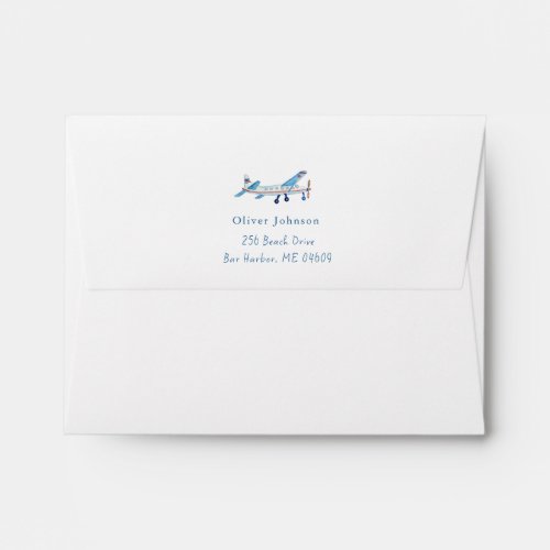 Watercolor Airplane Blue stripe Return address Envelope
