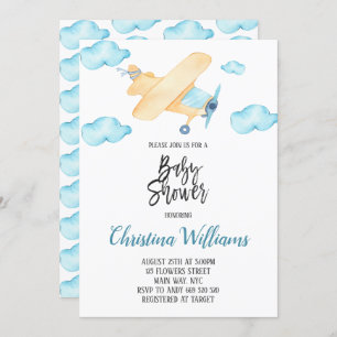 Watercolor Airplane Boy Baby Shower Blue Invitation