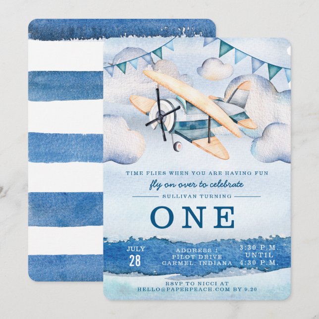 Watercolor Airplane Boy Birthday Party Invitations (Front/Back)